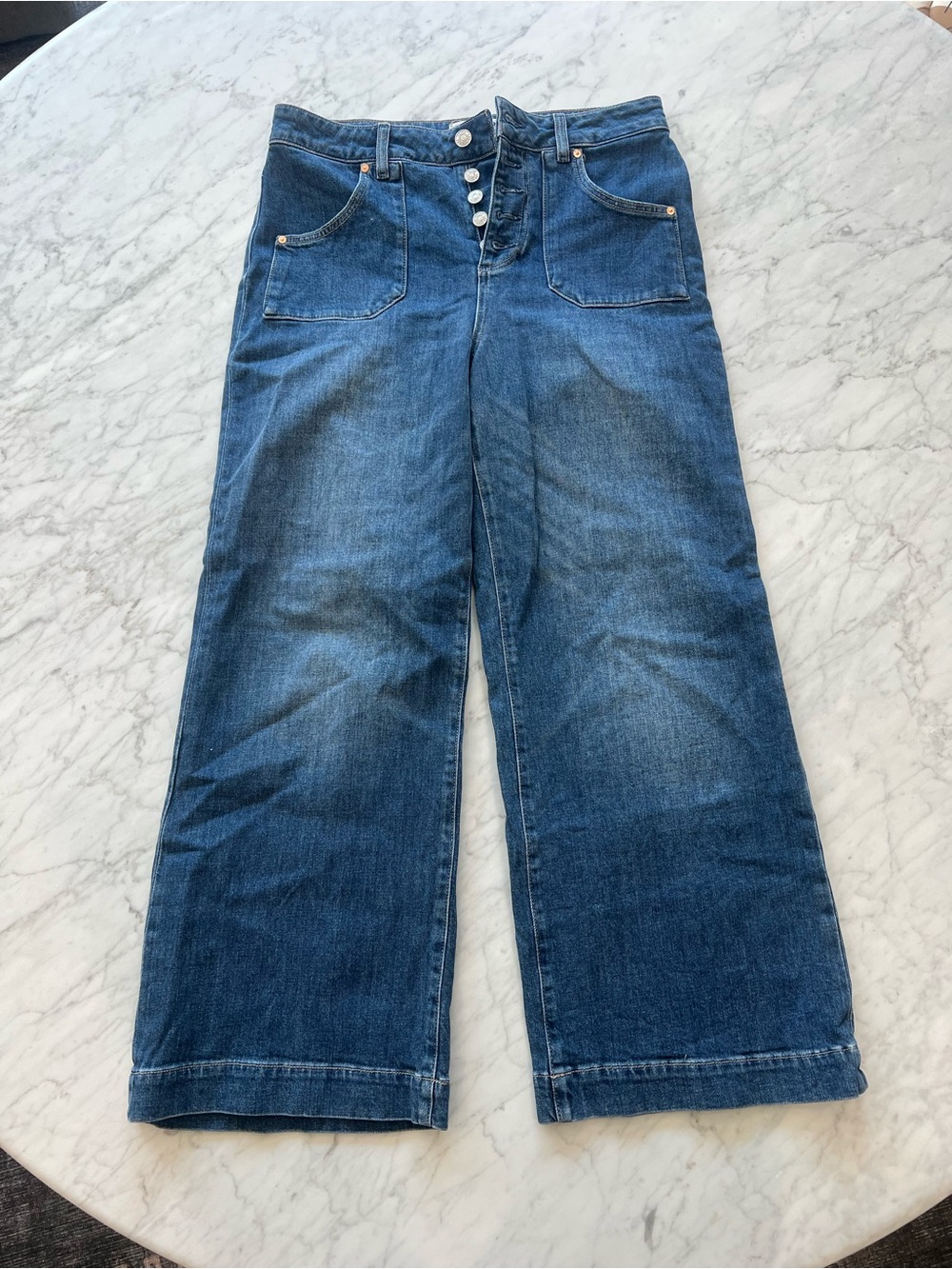 PAIGE Dark Blue High-Rise Wide Leg Jeans